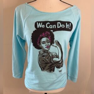 Next Level Apparel teal graphic sweatshirt ‘We Can Do It’ phrase SZ small